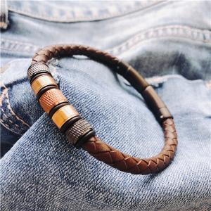 Brown Color braided genuine leather bracelet with steel beads